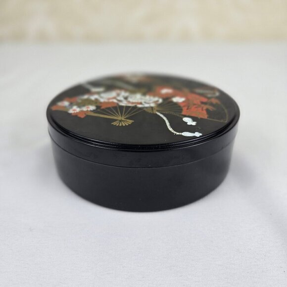 Set of 4 Black Coasters in Matching Round Box Asian Fan Design Lacquerware Vtg - Picture 2 of 10
